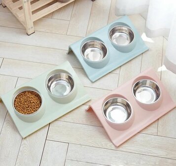 Double Dinner + 2 RVS Voerbakken (16 cm) - Diverse Kleuren