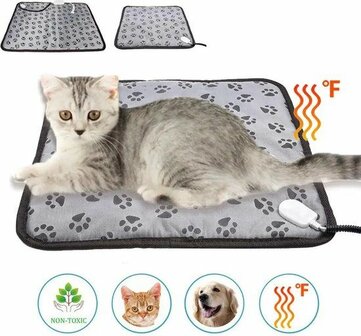 Heating Pad - Verwarmingsmat voor Hond en Kat - 45 x 45 cm - Grijs met Print - Met afstandsbediening
