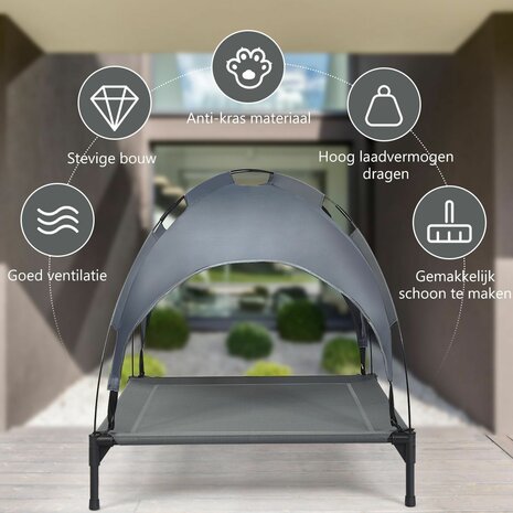 Honden Ligbed met Zonnedak - Grijs - 76x61x18cm - Hondenstretcher